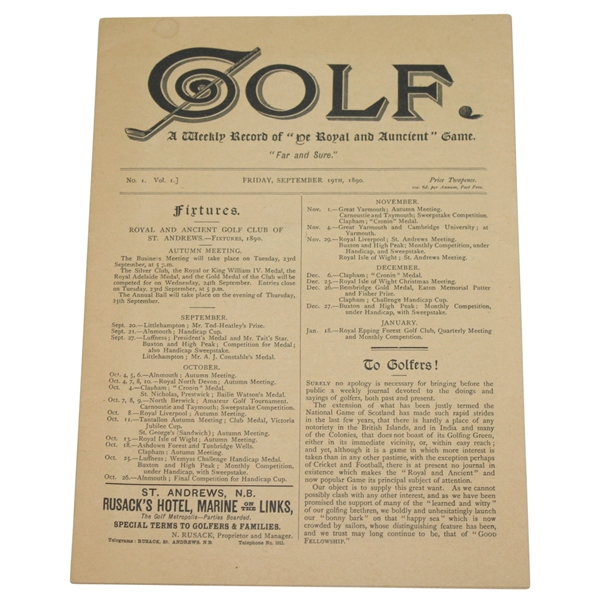 1890 Golf Weekly Record of "Ye Royal and Auncient" Game - September 19