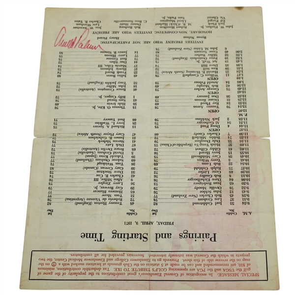 Arnold Palmer Signed 1971 Masters Friday Pairing Sheet JSA ALOA