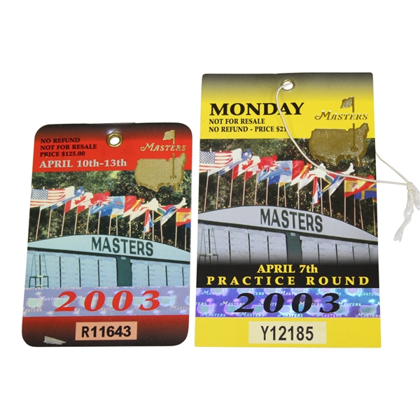 2003 Masters Tournament Badge #R11643 with Monday Ticket #Y12185 - Mike Weir Winner
