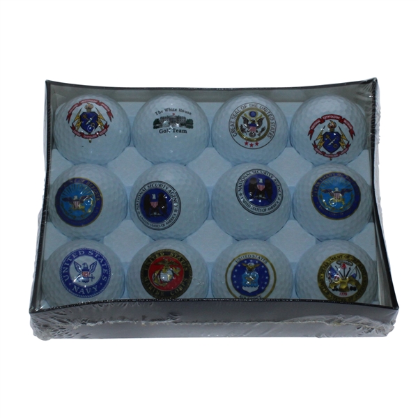One Dozen Unopened Armed Forces, Departments, & White House Logo Golf Balls