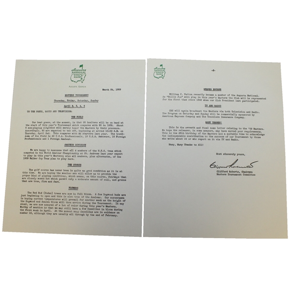 1959 Augusta National Masters Tournament Press, Radio, & TV Release