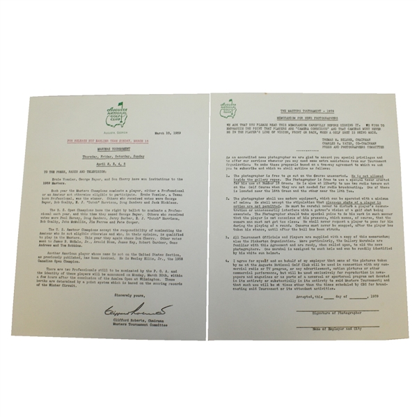 1959 Augusta National Masters Tournament Press, Radio, & TV Release & Photographers Agreement