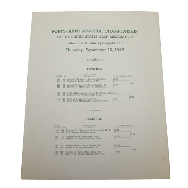 1946 US Amateur at Baltusrol GC Pairing Sheet - Final 16 Players - First Post WWII Amateur