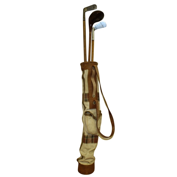 Leather and Canvas Childs Golf Bag with Three Clubs