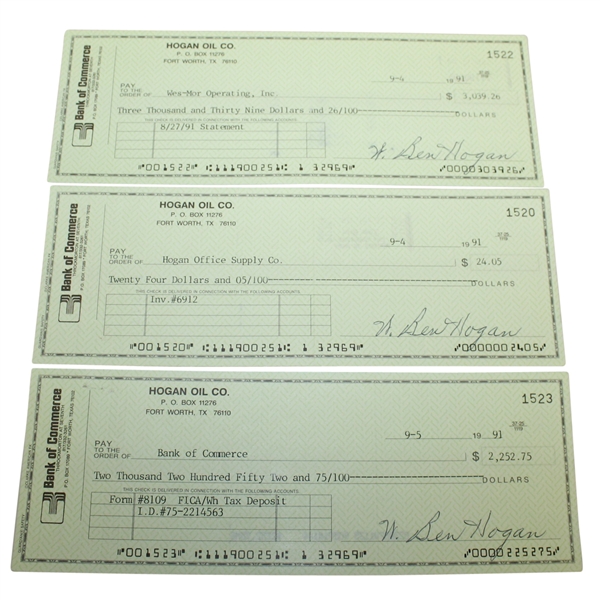 Three Ben Hogan Signed Hogan Oil Co. Checks JSA ALOA
