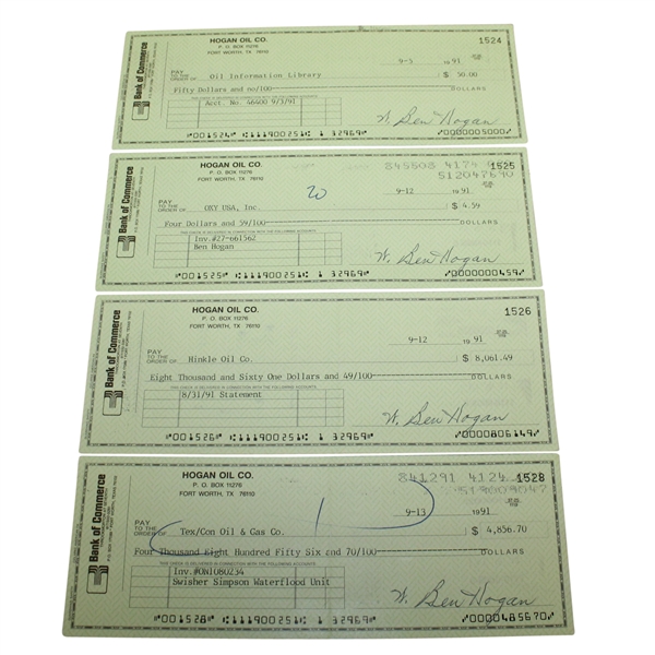 Four Ben Hogan Signed Hogan Oil Co. Checks JSA ALOA