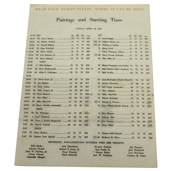 1964 Masters Tournament Sunday Pairing Sheet - Arnies Final Masters Victory