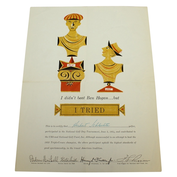 1954 National Golf Day I didnt beat Ben Hogan but I tried Certificate w/Magazine Story - Seldom Seen