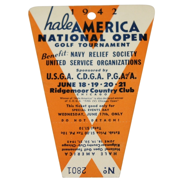 1942 Hale America National Open Golf Tournament Wednesday Ticket #2801 - Seldom Seen