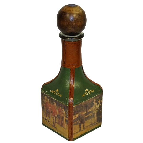 Vintage Fausto Conturi Italian Leather Wrapped Golf Themed Decanter with Stopper