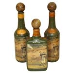 Vintage Fausto Conturi Italian Leather Wrapped Golf Themed Wine Bottles with Flask - Stopper