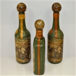 Vintage Fausto Conturi Italian Leather Wrapped Golf Themed Wine Bottles with Flask - Stopper