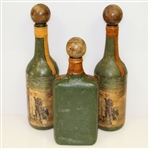 Vintage Fausto Conturi Italian Leather Wrapped Golf Themed Wine Bottles with Flask - Stopper