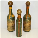 Vintage Fausto Conturi Italian Leather Wrapped Golf Themed Wine Bottles with Flask - Stopper