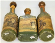 Vintage Fausto Conturi Italian Leather Wrapped Golf Themed Wine Bottles with Flask - Stopper