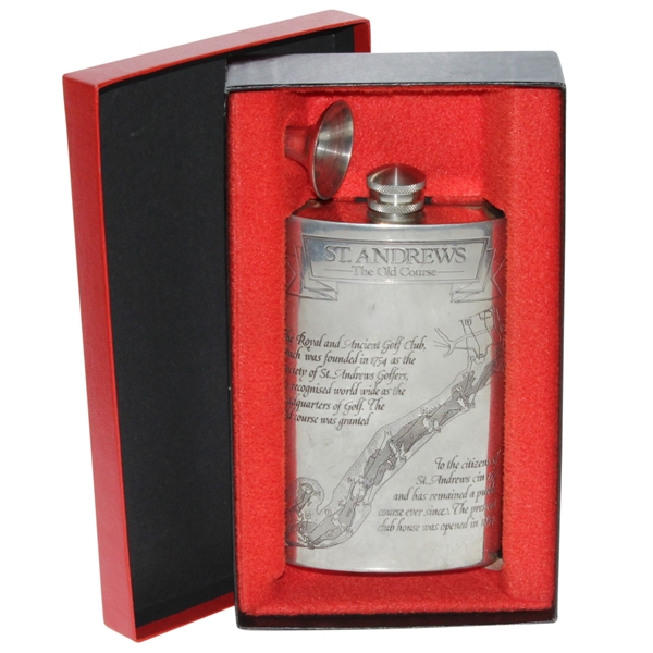 St. Andrews The Old Course Pewter Flask with Course Layout - Good Condition with Funnel & Box