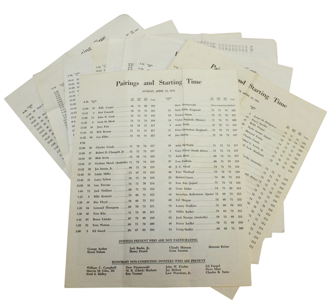 Nine Masters Tournament Sunday Pairing Sheets - 1979, 1981-1985, 1987(x2), & 1988 - Roth Collection