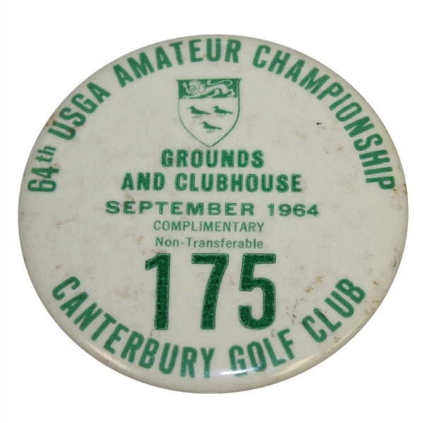 Deane Bemans 1964 US Amateur Championship Grounds & Clubhouse Badge-Canterbury G.C., Cleveland