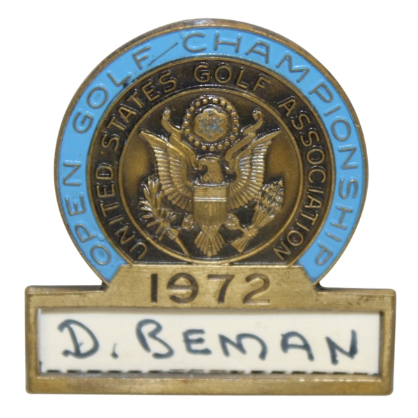 Deane Bemans 1972 US Open at Pebble Beach Contestant Badge - Jack Nicklaus Winner
