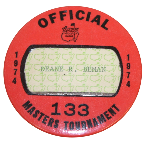 Deane Bemans 1974 Masters Tournament Official Badge #133 - Gary Player Winner