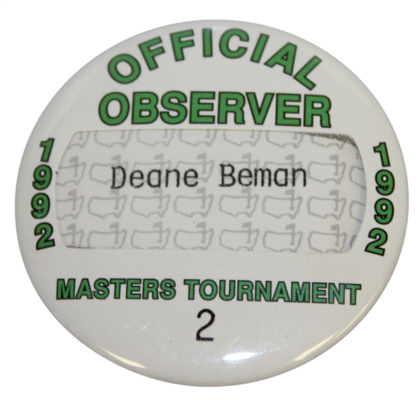 Deane Bemans 1992 Masters Tournament Official Observer Badge #2 - Fred Couples Winner