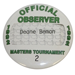Deane Bemans 1992 Masters Tournament Official Observer Badge #2 - Fred Couples Winner