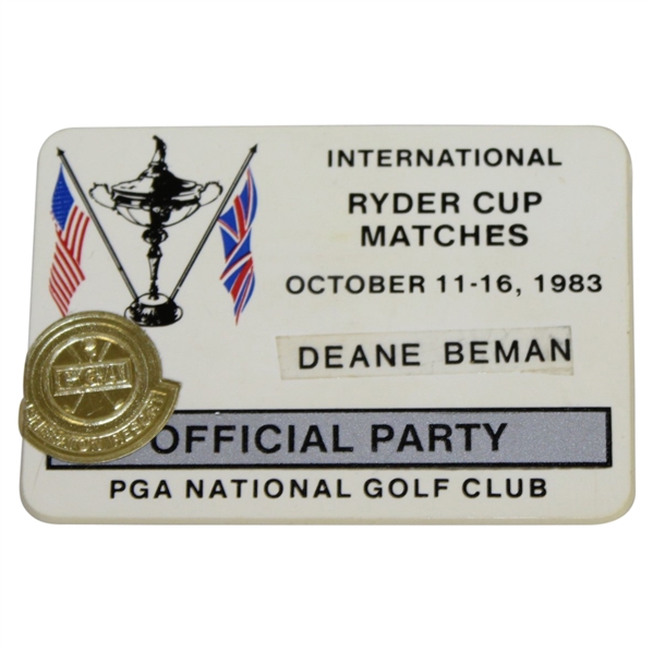 Deane Bemans 1983 Ryder Cup at PGA National Golf Club Official Party Badge