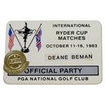 Deane Bemans 1983 Ryder Cup at PGA National Golf Club Official Party Badge