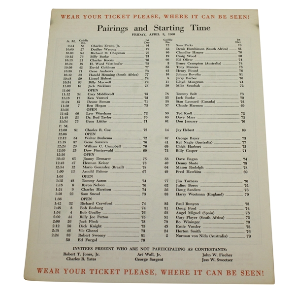 1960 Masters Tournament Friday Pairing Sheet - Palmers 2nd Masters Win - Deane Beman Collection