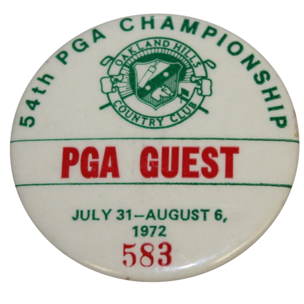 Deane Bemans 1972 PGA Championship at Oakland Hills PGA Guest Badge #583