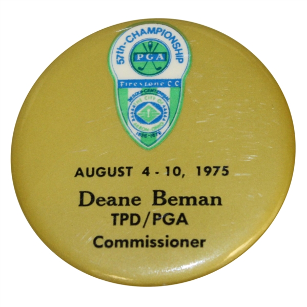 Deane Bemans 1975 PGA Championship at Firestone PGA Commissioner Badge - Nicklaus Win