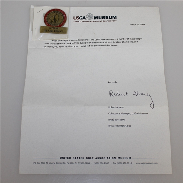Deane Bemans 1995 USGA Centennial Reunion of Amateur Champions Badge with Letter