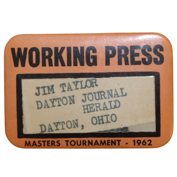 1962 Masters Tournament Working Press Badge - Palmer Win