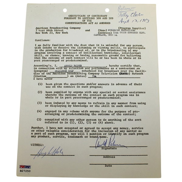 Arnold Palmer Signed 1963 Challenge Golf TV Contract PSA/DNA #B27250