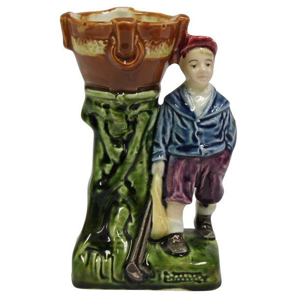 1910 Austrian Majolica Ceramic Golfer Bud Vase with Bucket