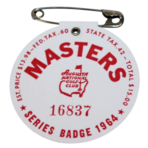 1964 Masters Tournament Series Badge #16837 - Arnold Palmer Winner