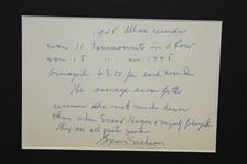 Byron Nelson Signed 1945 Records & Accolades Inscription Card Display JSA ALOA
