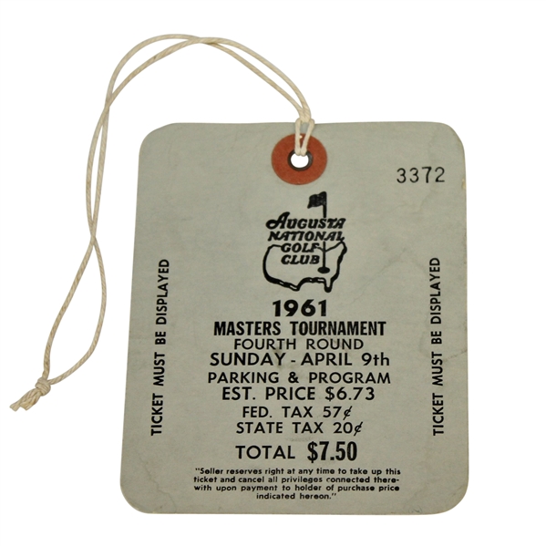 1961 Masters Tournament Fourth Round Sunday Ticket #3372 - Gary Player Winner