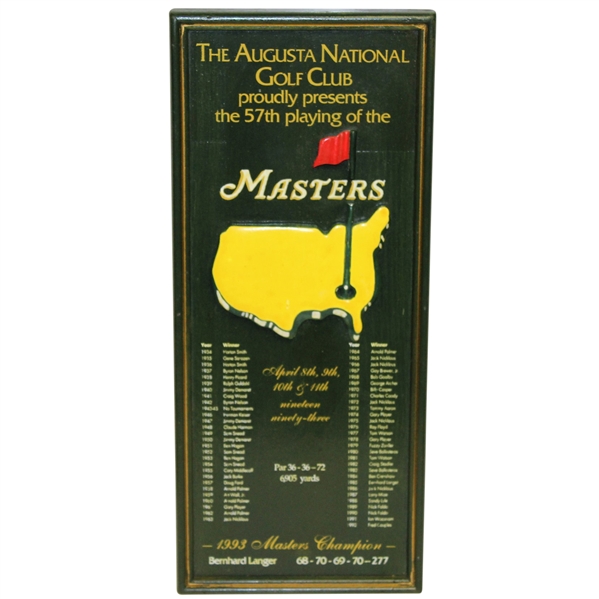 1993 Masters Tournament Wood Plaque Listing All Winners & Current Winner Bernhard Langer
