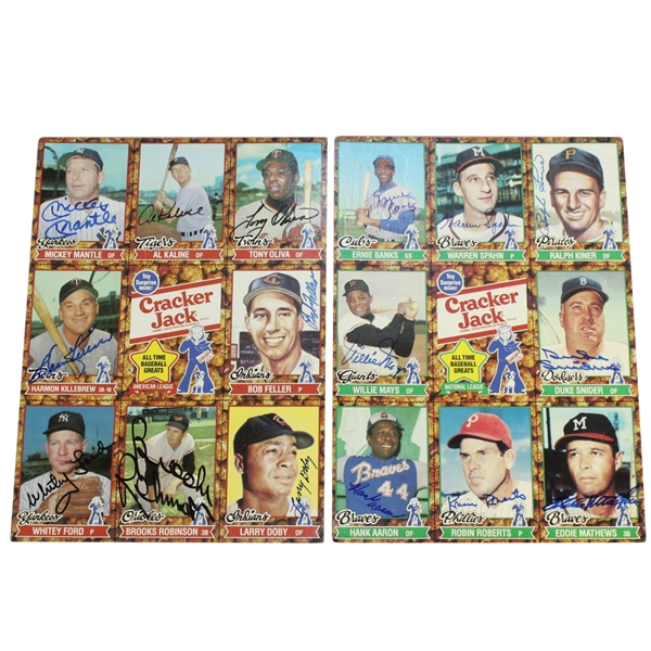 Two Multi-Signed Cracker Jack Card Sheets - Mays/Aaron Secretarial PSA/DNA #Y08739 & #Y08740