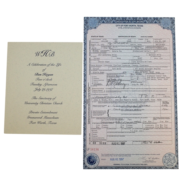 Ben Hogans Death Certificate & a Celebration of Life Service Program