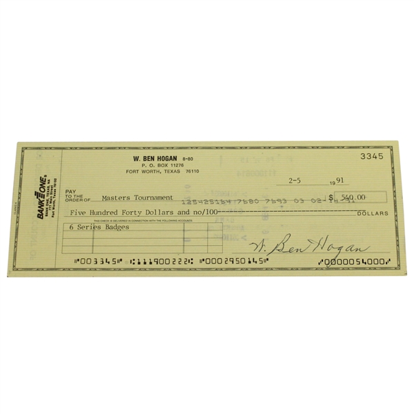 Ben Hogans Signed Personal Check to the Masters Tournament - 1991 JSA ALOA