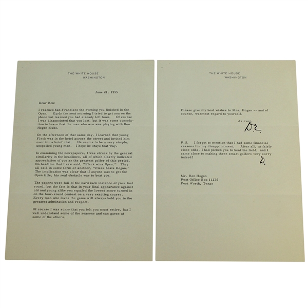 President Eisenhower Signed Letter to Ben Hogan after 1955 US Open Loss, Retirement, Gambling, etc Content JSA ALOA