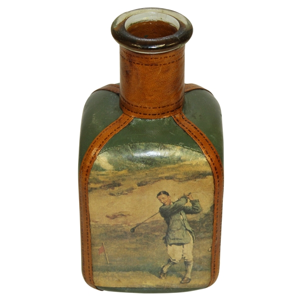 Vintage Fausto Conturi Italian Leather Wrapped Golf Themed Square Decanter