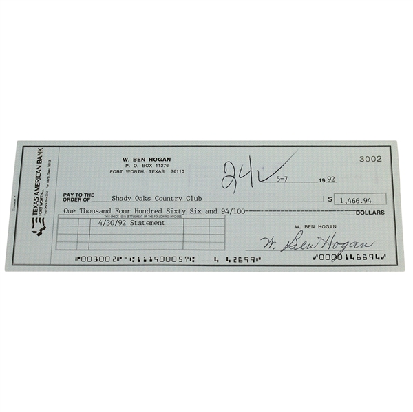 Ben Hogans Signed Personal Check to Shady Oaks Country Club - 1992 JSA ALOA