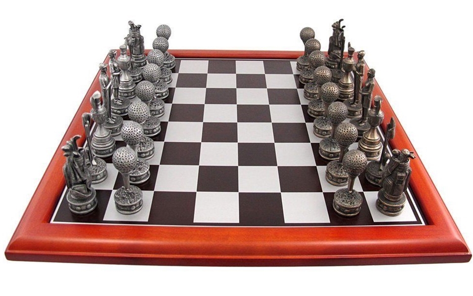 Golf Themed Chess Set - Golfers, Flags, Bags, Trophy Pieces with Wooden Chess Board