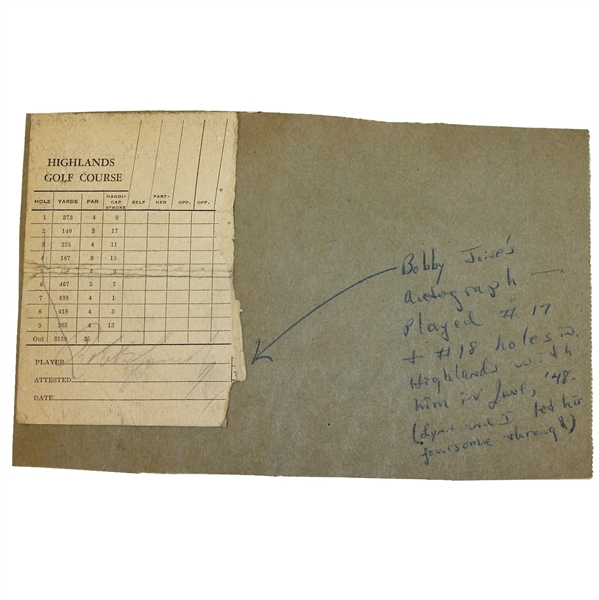 Bobby Jones Signed Scorecard - Highlands Golf Course FULL JSA #Z61966 - Rare
