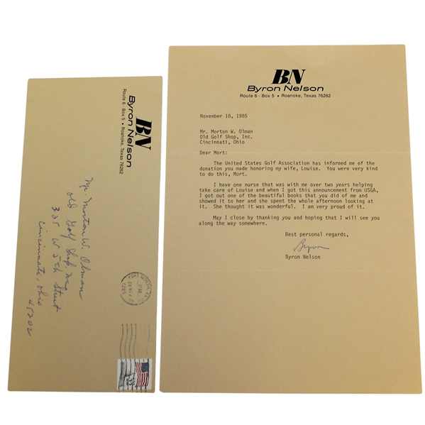 Byron Nelson Signed 1985 Letter to Mort Olman with Envelope JSA ALOA