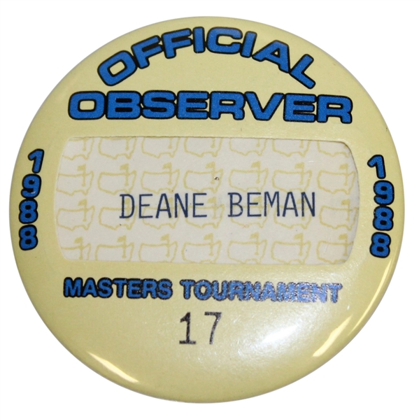 Deane Bemans 1988 Masters Tournament Official Observer Badge #17