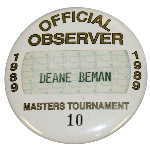 Deane Bemans 1989 Masters Tournament Official Observer Badge #10